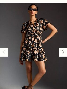 Anthropologie Black Mini Dress with Peach Floral Print